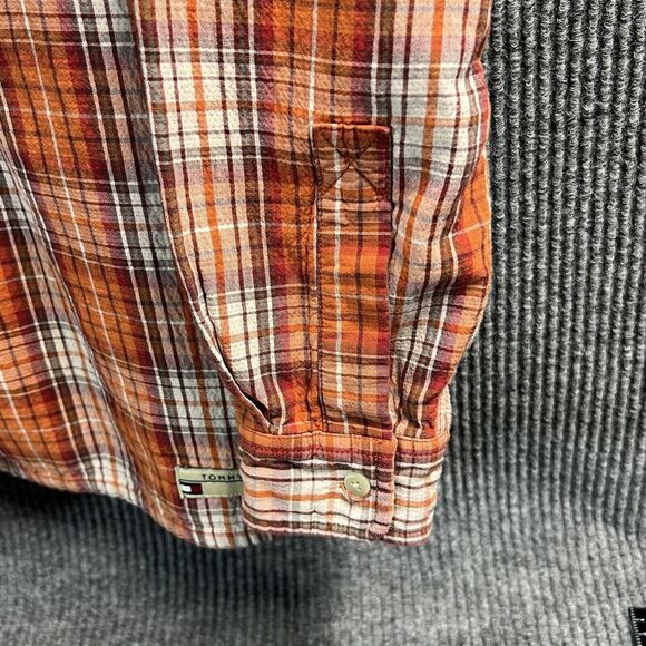 VTG TOMMY Jeans HILFIGER Shirt Mens Medium Orange Plaid Quilted Lined LS Button - Picture 7 of 16